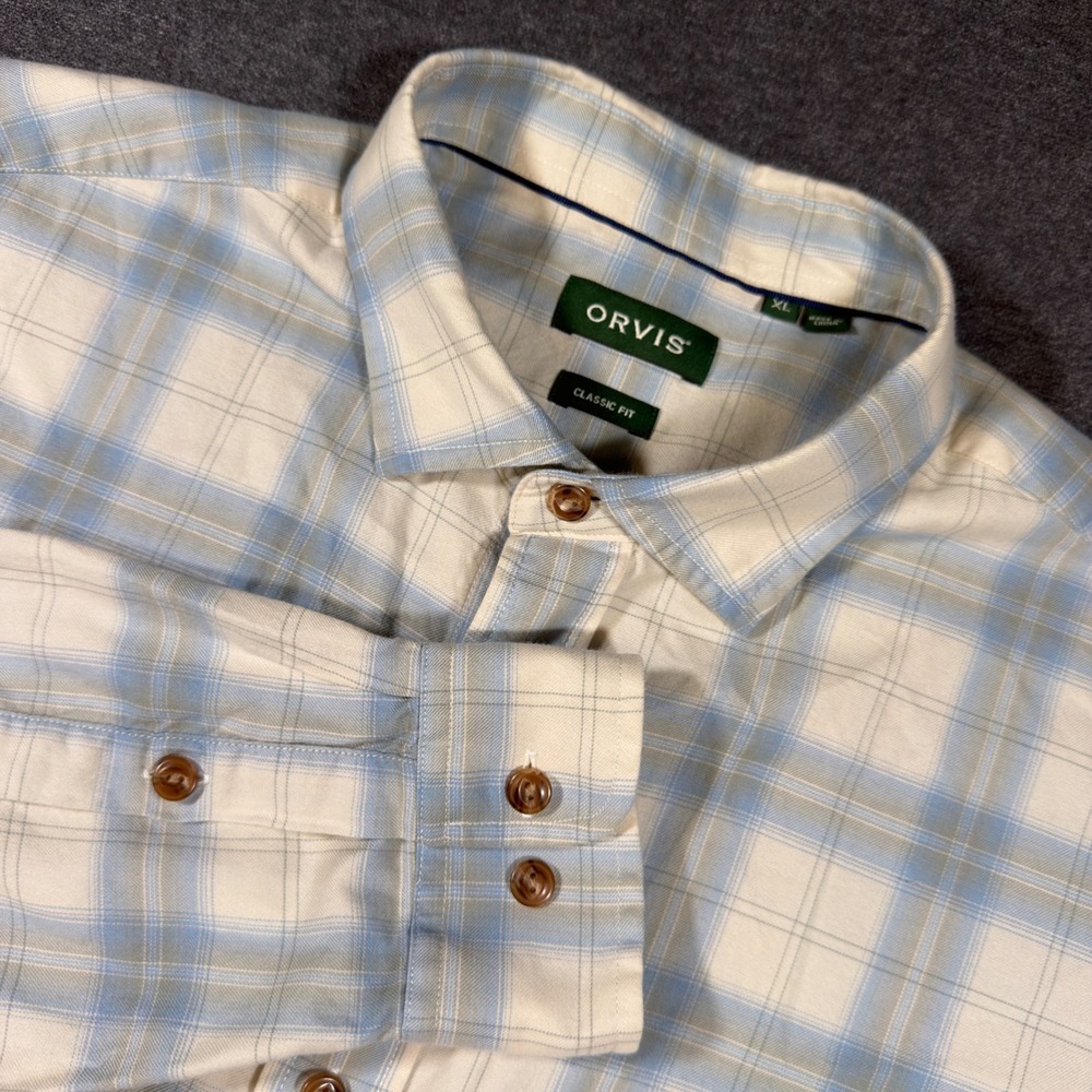 Orvis Button Up Shirt Mens XL Blue Plaid Classic Fit Cotton Tencel Long Sleeve